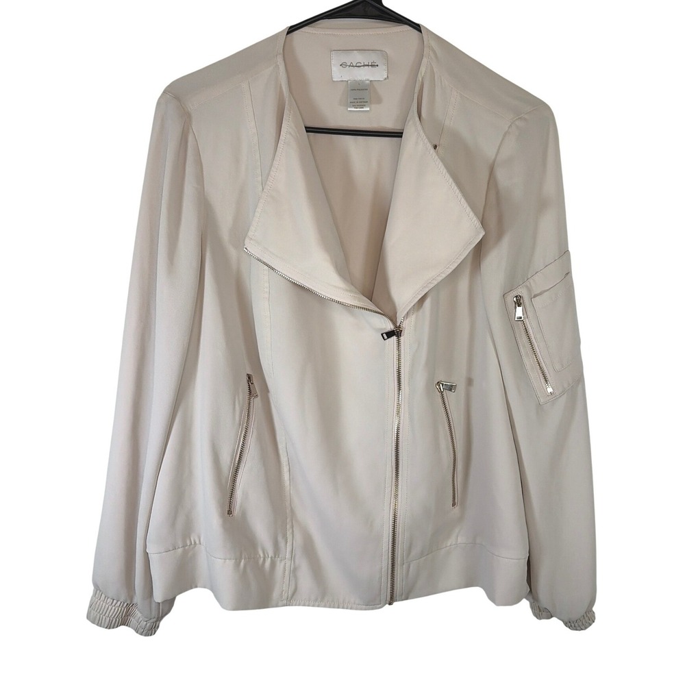 Cache Womens Moto Bomber Jacket Cream Asymmetrical Zip Utility Work Wear Large